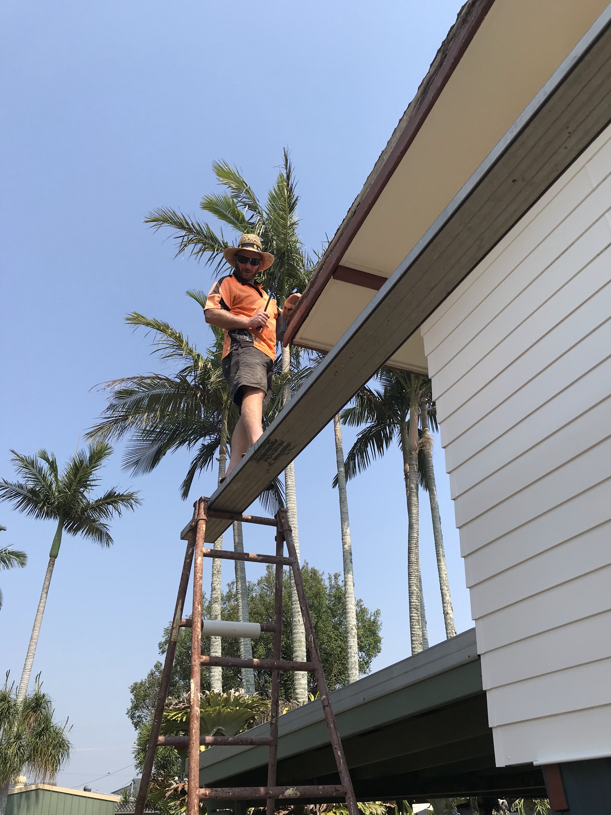 Scott standing on a plank between ladders painting the fascia of a raised Queensland house