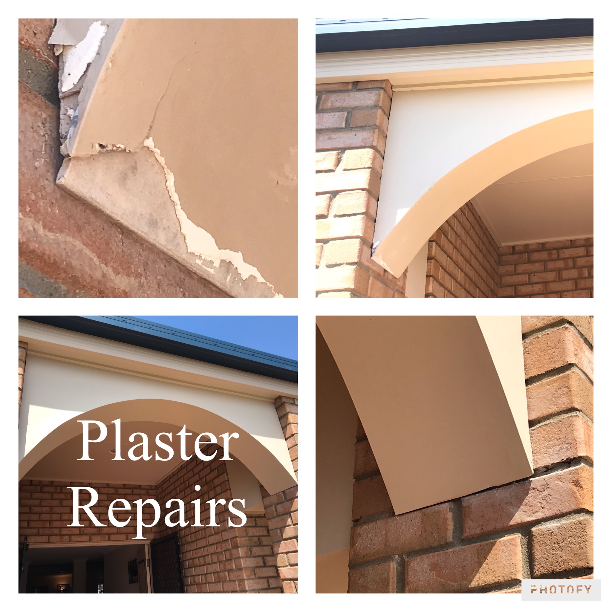 Four photos of a brick archway, from cracked render to a finished plaster repair